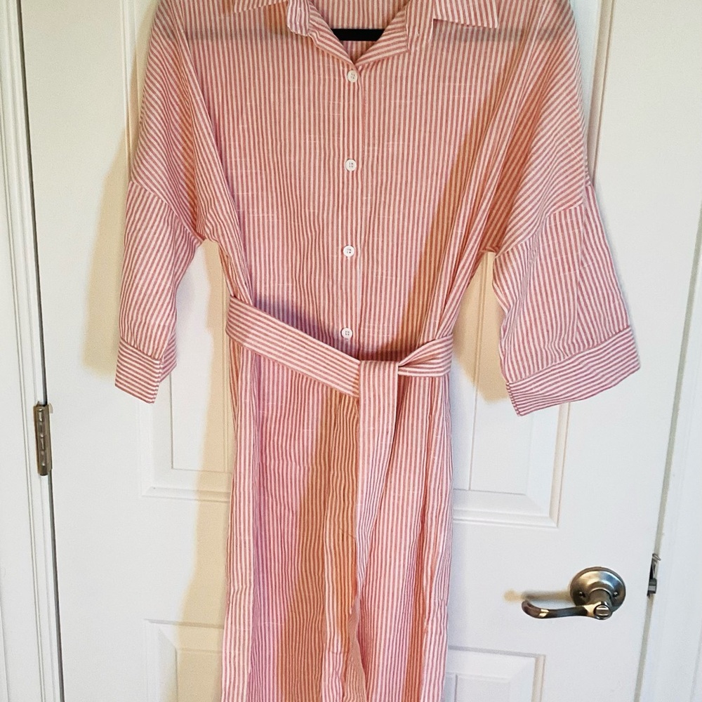 Pink Striped Button-Up Shirt Dress XSmall 3/4 sleeves no brand school girl core